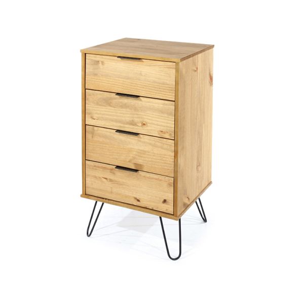 Augusta 4 Drawer Narrow Chest of Drawers - Pine/Metal/MDF - 45 x 39.5 x 90.3 cm - Antique Waxed Pine/Black