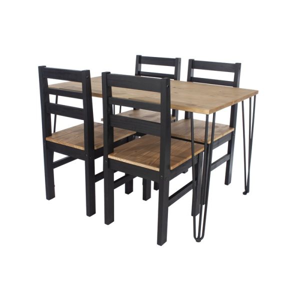 Augusta 1500 mm Large Rectangular Dining Table with 4 Linea Ladder Back Chairs - Black/Antique Waxed Pine - Flat Packed