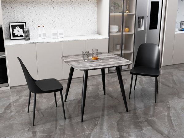 Aspen Tapered Legs Square Dining Table and 2 Duo Plastic Seat Chairs with Metal Legs - Grey Oak/Black - Flat Packed