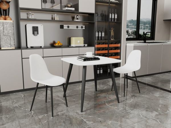 Aspen Tapered Legs Square Dining Table and 2 Curve Plastic Seat Chairs with Metal Legs - White/Black - Flat Packed