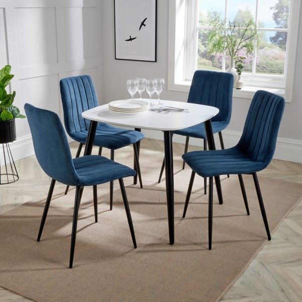 Aspen Tapered Legs Square Dining Table with 4 Straight Stitch Cord Dining Chairs - White/Black/Blue - Flat Packed
