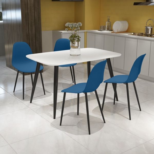 Aspen Tapered Legs Rectangular Dining Table and 4 Curve Plastic Seat Chairs with Metal Legs - White/Black/Blue - Flat Packed