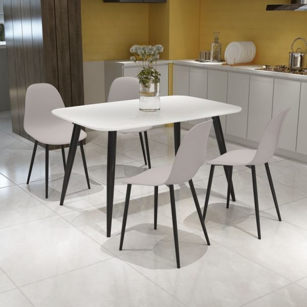 Aspen Tapered Legs Rectangular Dining Table and 4 Curve Plastic Seat Chairs with Metal Legs - White/Black/Calico - Flat Packed