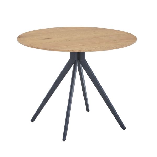 Round Dining Table with Light Oak Effect Top and Black Pedestal Base - MDF/Metal - L100 x W100 x H75 cm - Flat Packed
