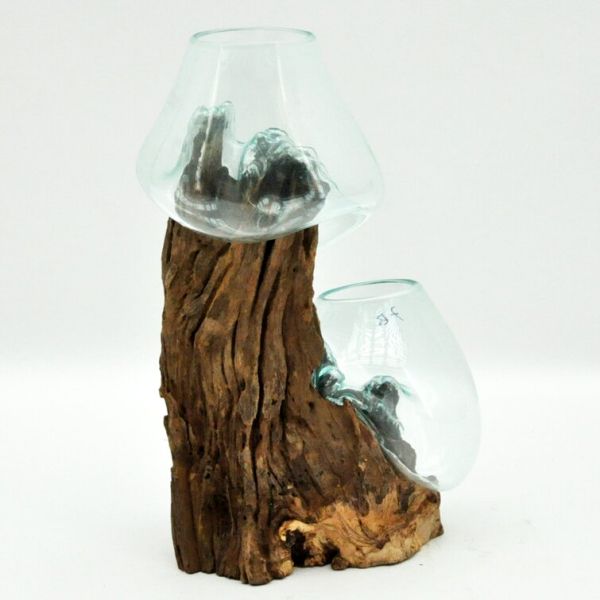 Double Vase on Teak Root Stand - Small - Blown Glass/Wood - L40 x W40 x H65 cm