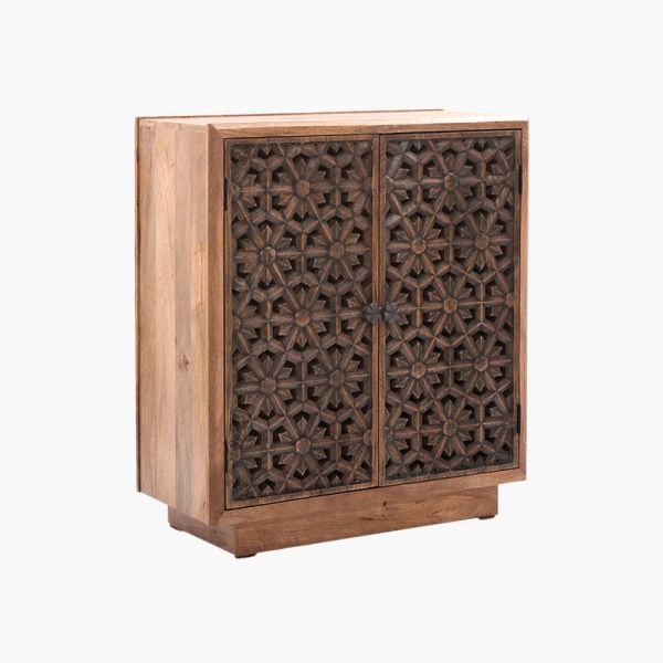 Zaayah Cut Work Two Door Cabinet - Mango Wood - L80 x W38 x H80 cm - Brown