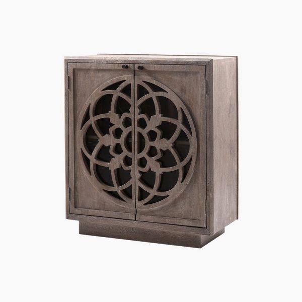 Flower of Life Two Doors Cabinet - Mango Wood - L72 x W38 x H80 cm - Grey