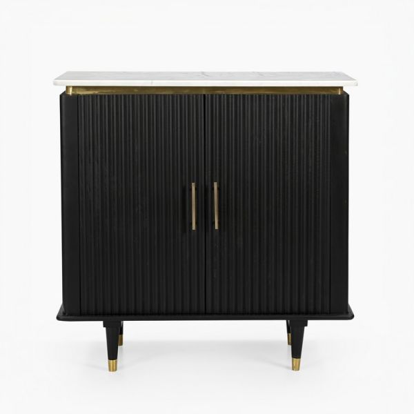 Aida Two Door Marble Top Cabinet - Mango Wood - L80 x W40 x H80 cm - Black/White/Gold