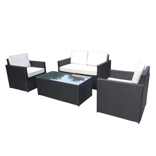 Berlin 2 Seater Sofa, 2 ArmChairs and Table - Synthetic Rattan - H75 x W124 x L70 cm - Black
