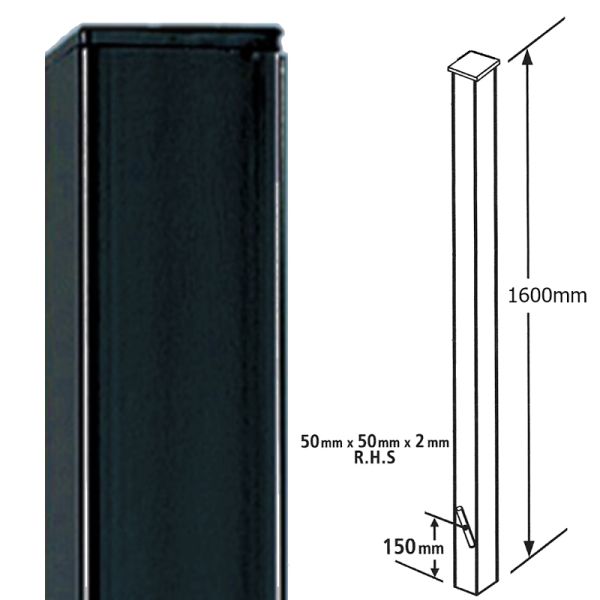 Square Flat Top Concrete-In Blank Post, Any Low Gates - Solid Steel - L50 x W50 x H1600 mm - Electro Galv./Black Powder Coated