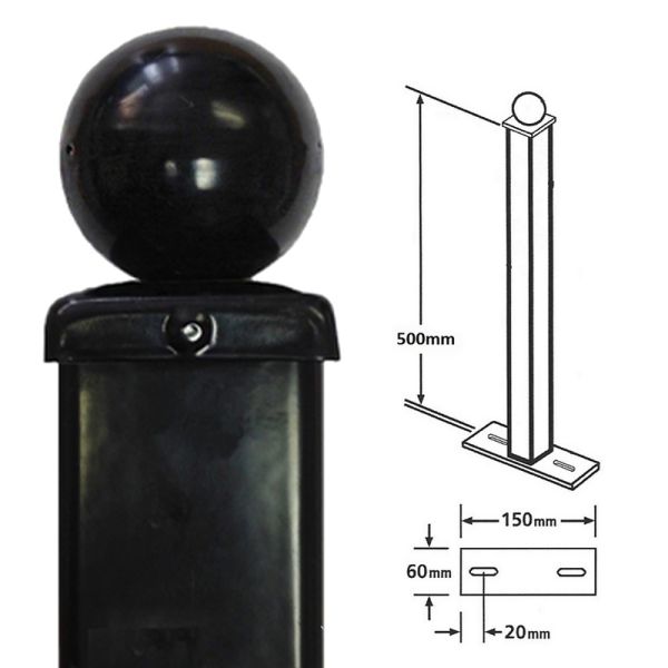 Square Ball Top Bolt-Down Blank Post, Any Railings - Solid Steel - L50 x W50 x H500 mm - Electro Galvanised/Black Powder Coated