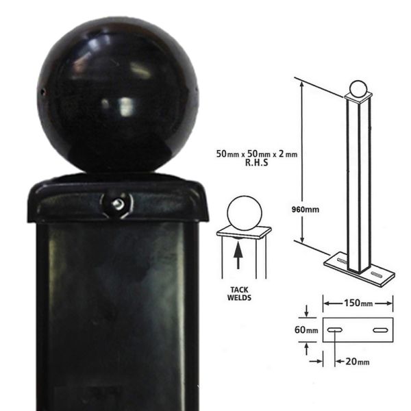 Square Ball Top Bolt-Down Blank Post - Solid Steel - L50 x W50 x H960 mm - Electro Galvanised/Black Powder Coated