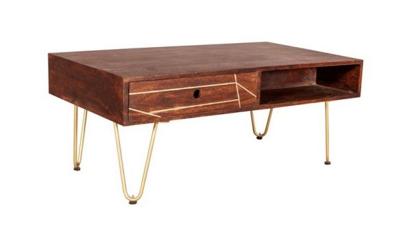 Dark Gold Rectangular Coffee Table with Drawer - Solid Mango Wood - L60 x W110 x H45 cm
