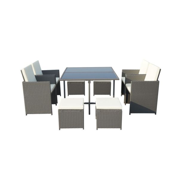 Cannes 8 Seater Cube Set - Steel/Synthetic Rattan - H72 x W110 x L110 cm - Grey