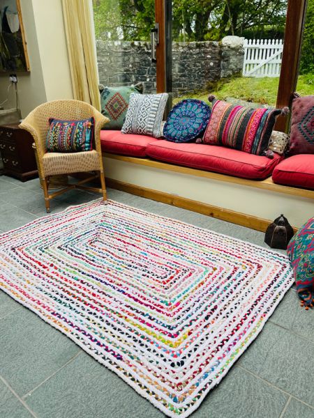 CARNIVAL White Cotton Braided Rug with Multi Colour Fabric (CARNIVAL75X120)