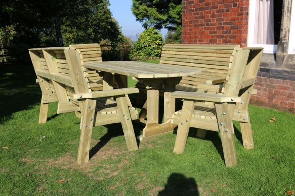 Ergo Table Set - Sits 8 Wooden Garden Dining Furniture Including 2 Bench and 2 Chairs