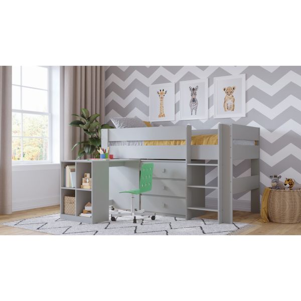 Mid-Sleeper Bed with Pull-Out Desk & Drawer Unit - Grey - Assembly Required