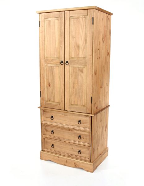 Corona 2 Door, 3 Drawer Wardrobe - Pine - 76.5 x 55.5 x 187.7 cm - Antique Waxed Pine