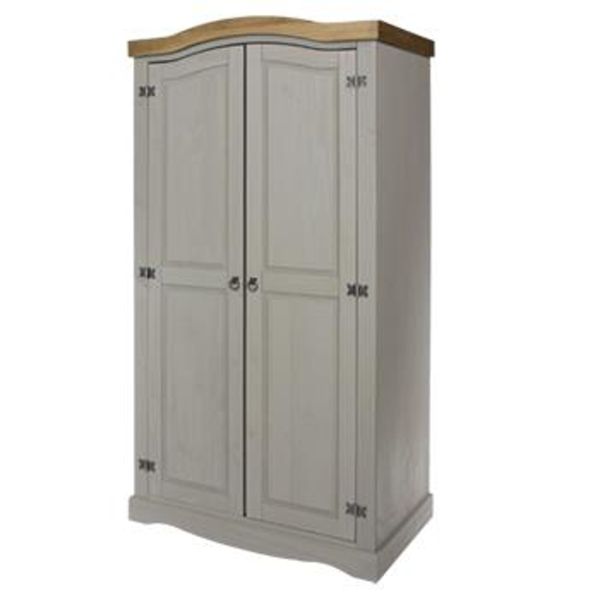 Corona 2 Door Wardrobe - Pine - 99.8 x 56.2 x 189.7 cm - Grey Wax/Antique Waxed Pine