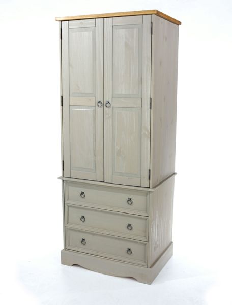 Grey Corona 2 Door, 3 Drawer Wardrobe - Pine - 76.5 x 55.5 x 187.7 cm - Grey Wax/Antique Waxed Pine