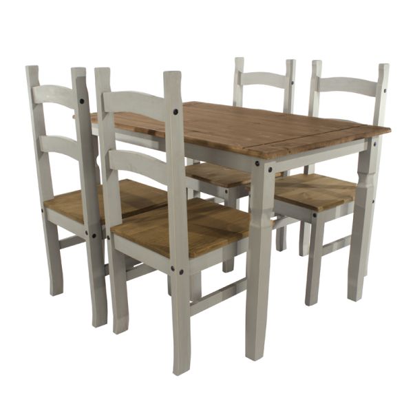 Corona Rectangular Large Dining Table and 4 Chair Set - Pine - 150 x 75 x 75 cm - Grey Wax/Antique Waxed Pine