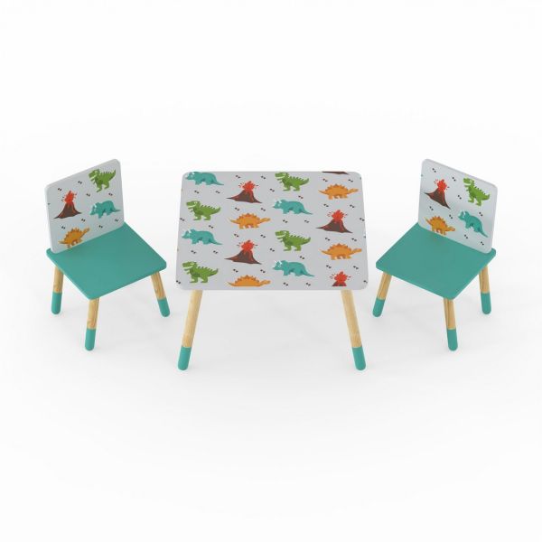 Dino Kids Table & 2 Chairs Set - Space Saving Play Furniture with Scandi Pine Legs & Dinosaur Graphics - Assembly Required