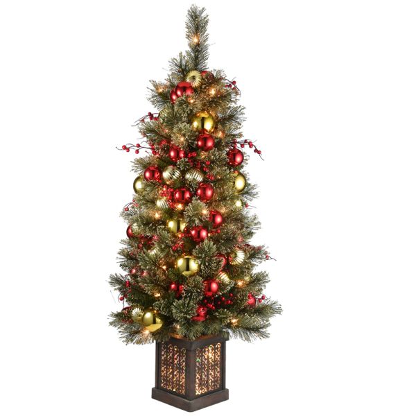 4 Feet Dakota Pine Entrance Tree in Brown Prelit Pot with 100 Warm LED Lights, 20 Red Berries and 70 Decorative Gold/Red Balls