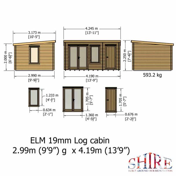 Elm 10 x 14 Feet Cabin in 19 mm Logs L424.5 x W317.3 x H213.7 cm Grouped