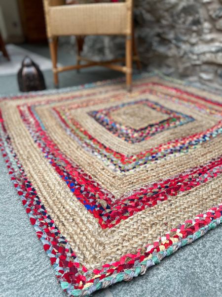 FIESTA Square Rug and Multi Colour Recycled Fabric - Jute - L120 x W120 - Multicolour