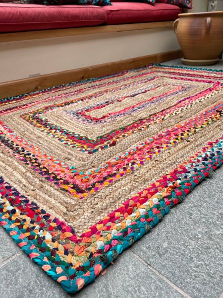 FIESTA Rectangular Rug Hand Woven with Recycled Fabric - Jute - L60 x W180