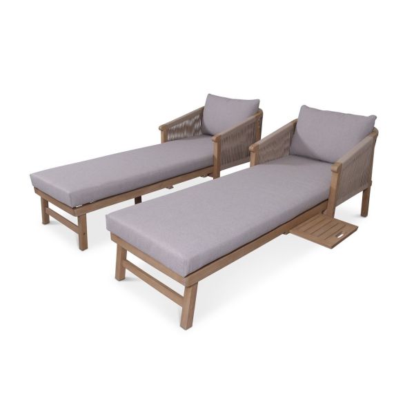 Roma Sun Lounger with Pullout Side Tray & Beige Coloured Back and Seat Cushion - Acacia Hardwood - L68 x W194 x H69 cm - Light Teak