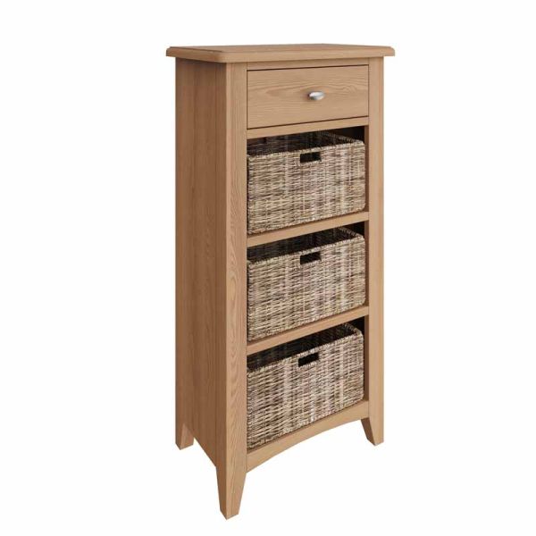 1 Drawer 3 Basket Unit - Pine/MDF - L50 x W30 x H100 cm - Light Oak/Wicker