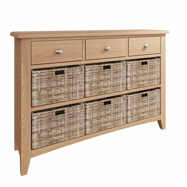 3 Drawer 6 Basket Unit - Pine/MDF - L110 x W30 x H75 cm - Light Oak/Wicker