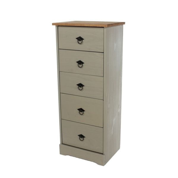 5 Drawer Narrow Chest of Drawers - Pine - L31.8 x W43.2 x H103.9 cm - Grey - Screw/Nail&Dowel