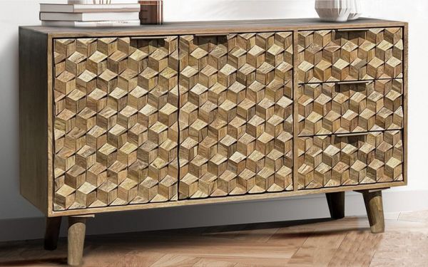 Geometric Medium Sideboard - Mango Wood - L40 x W137 x H77 cm - Light Finish - Assembly Required