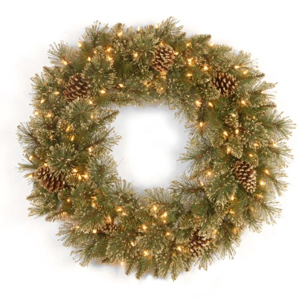 24 Inches Glittery Gold Pine, 4 Big Gold Glittered Cones Wreath with 50 Warm Battery Operated LED Lights and Timer - White