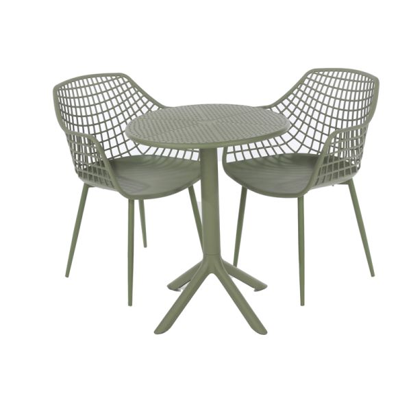 Rimini Lattice Bistro Table and 2 Armchair Set - Plastic/Metal - L60 x W60 x H84 cm - Moss Green - Partially Assembled