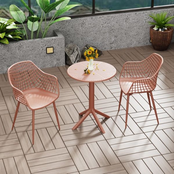 Rimini Lattice Bistro Table and 2 Armchair Set - Plastic/Metal - L60 x W60 x H84 cm - Moss Green - Partially Assembled