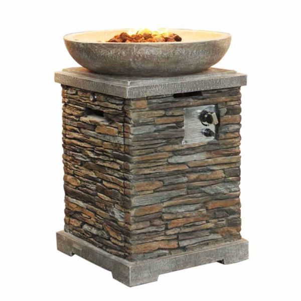 Premium Slate Effect Gas Fire Pit and Fire Bowl - Stone/Steel/Pvc/Lava Rocks - L53 x W53 x H74 cm - Slate