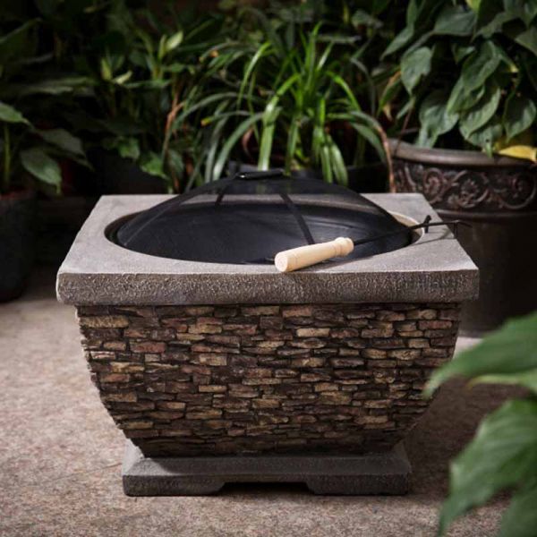Premium Burning Stone Fire Pit and Patio Heater - Composite Stone/Steel/Wood - L56 x W56 x H47 cm - Multi