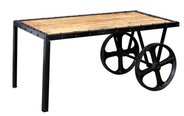 Cosmo Industrial Cart Coffee Table - Solid Mango Wood - L55 x W100 x H45 cm