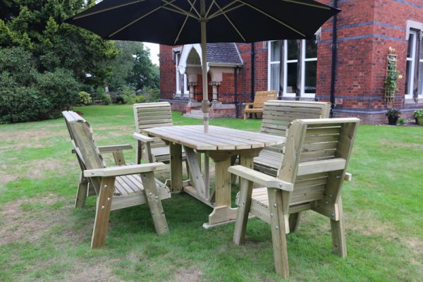 Ergo Table Set - Sits 6, Wooden Garden Dining Furniture Including a Stylish Table, 2 Benches and 2 Chairs