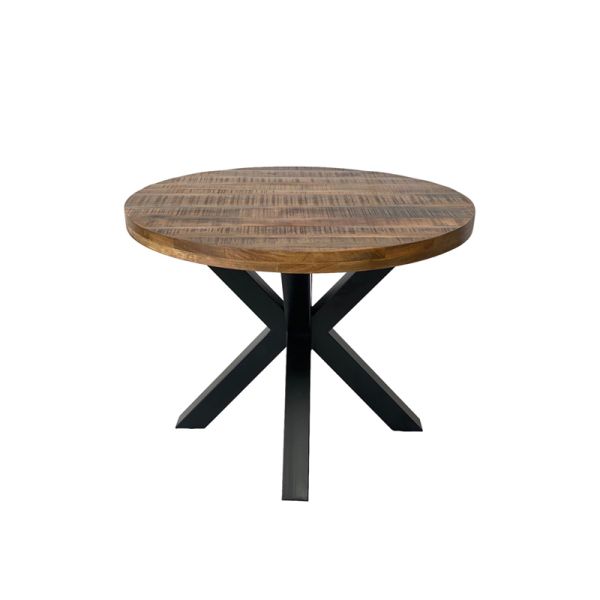 Industrial Round X Leg Dining Table - Mango Wood/Iron - L100 x W100 x H76 cm - Mango PP Saw Finish 