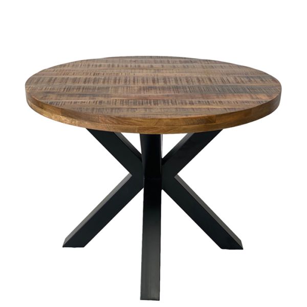 Industrial Round X Leg Dining Table - Mango Wood/Iron - L150 x W150 x H76 cm - Mango PP Saw Finish 