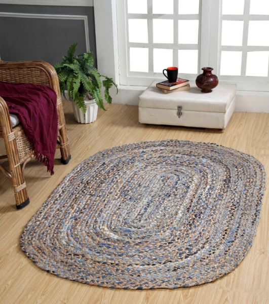 JEANNIE Oval Rug Braided with Recycled Blue Denim - Jute - L60 x W90