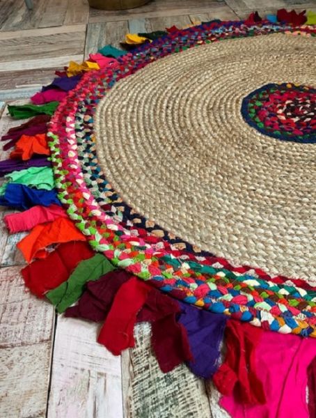JHAALAR Round Indian Rug Thick Multi Coloured Tassels - Jute - L120 x W120 - Multicolour