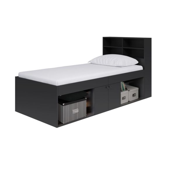3 Feet Low Cabin Bed with Bookcase Headboard - L214 x W96 x H100 cm - Black - Assembly Required