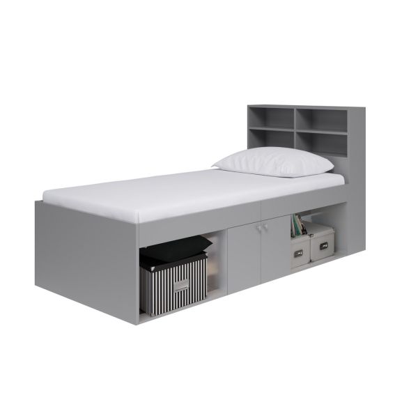 3 Feet Low Cabin Bed with Bookcase Headboard - L214 x W96 x H100 cm - Grey - Assembly Required