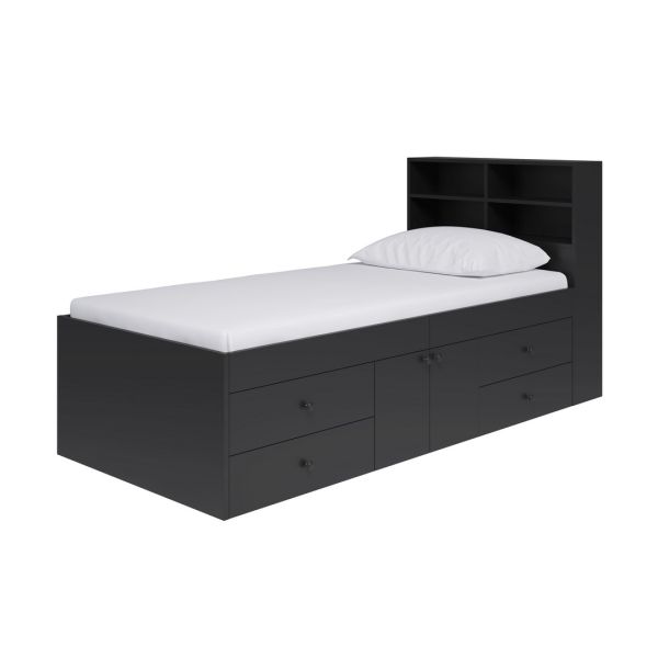 3 Feet Captain’s Cabin Single Bed with Bookcase Headboard - L214 x W96 x H100 cm - Black - Assembly Required