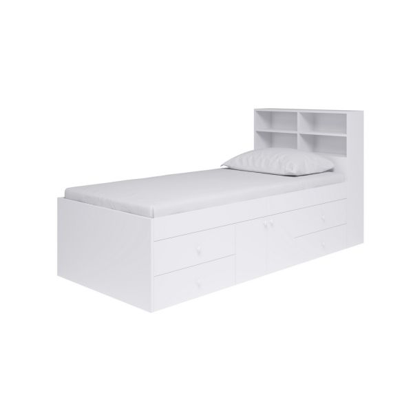 3 Feet Captain’s Cabin Single Bed with Bookcase Headboard - L214 x W96 x H100 cm - White - Assembly Required